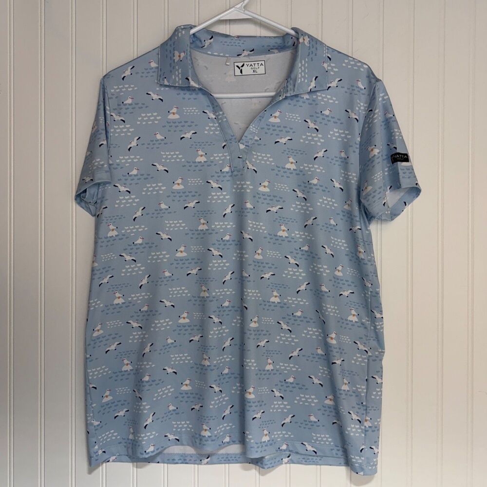 Yatta Womens Golf Polo Shirt Size XL Blue Seagull Bird Print Short sleeve V Neck